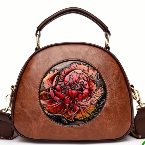 Brown Leather Floral Embossed Crossbody Bag - Picture 4 of 4